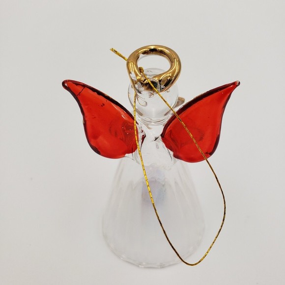Vintage Glass Angel Ornament Clear Iridescent Body Red & Gold Wings 2.5" - Picture 3 of 12